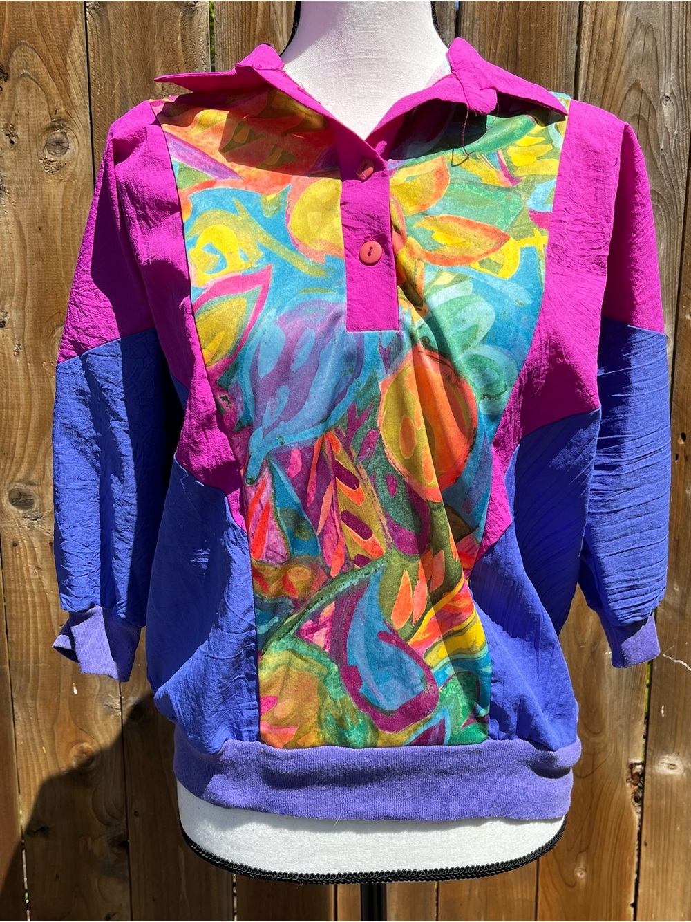 Vintage 80s Silver Threads Bright Multicolor Pullover Shirt - Pink & Purple
